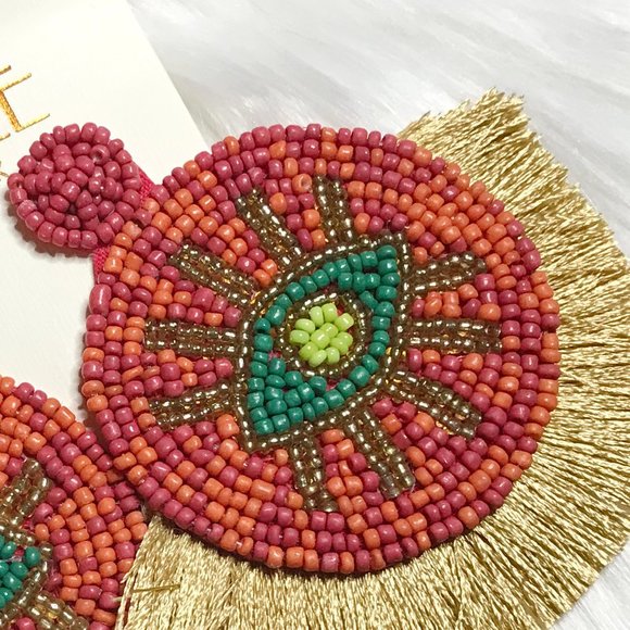 Boho Earrings Fringe Eye Seed Bead Large Post Drop - Picture 3 of 5